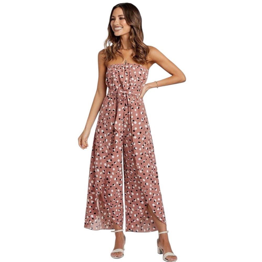 Pink Black Polka Dot Strapless Split Leg Jumpsuit Party S…